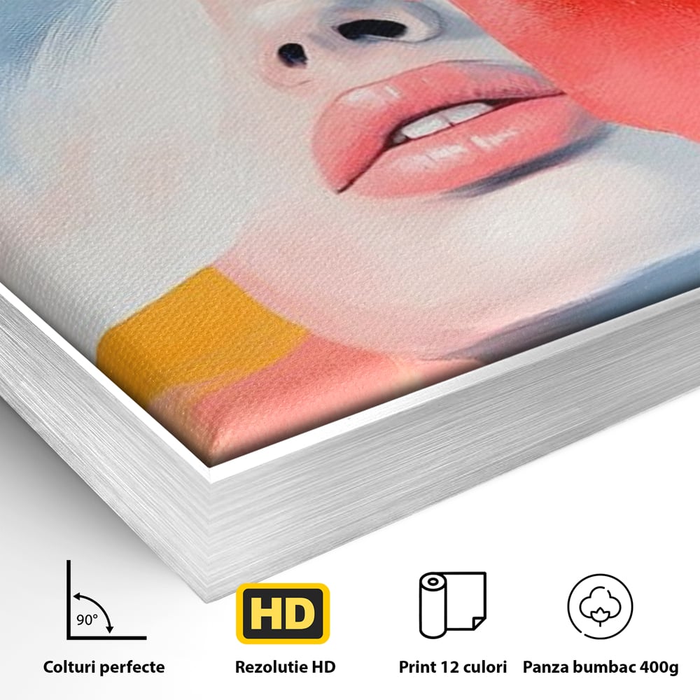 Detaliu al suprafetei: tablou canvas cu fata de femeie si flori pictate, in rama de aluminiu argintiu
